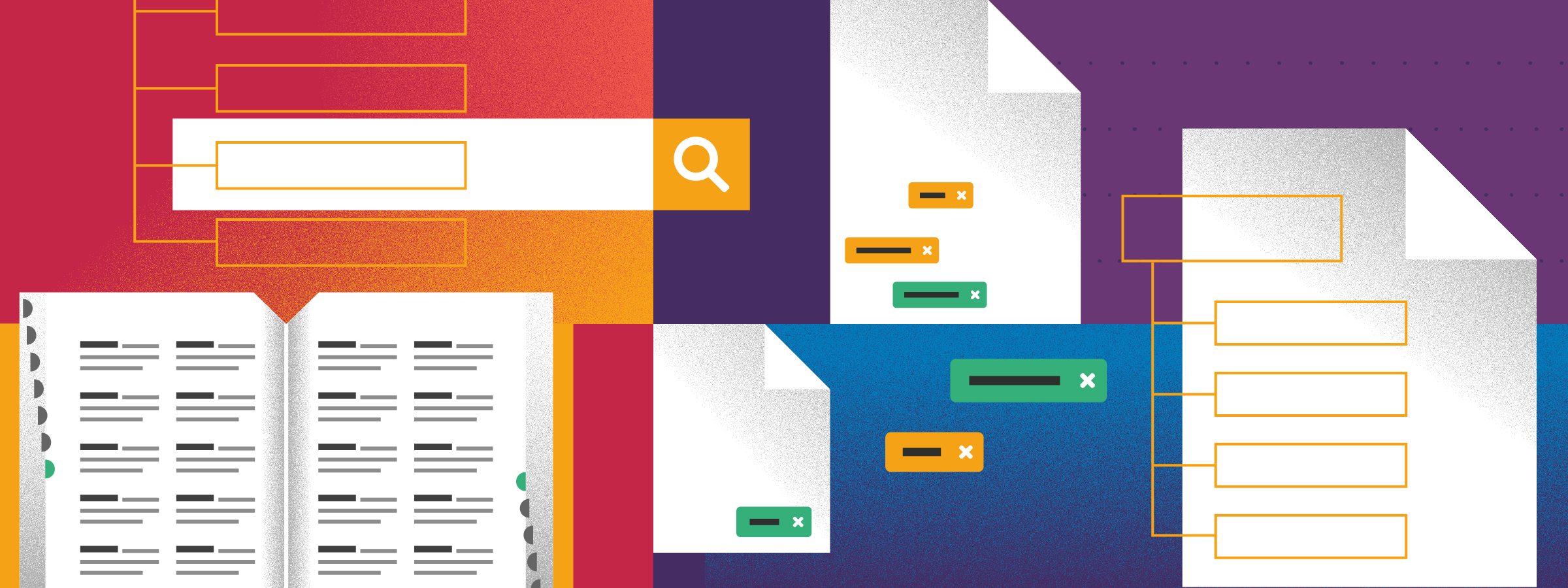 Illustration of pages and abstract shapes representing taxonomy tree structures